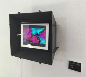 Video art from seditionart.com displayed on iPads in a frame. Here: Rose Throb by Claudia Hart.